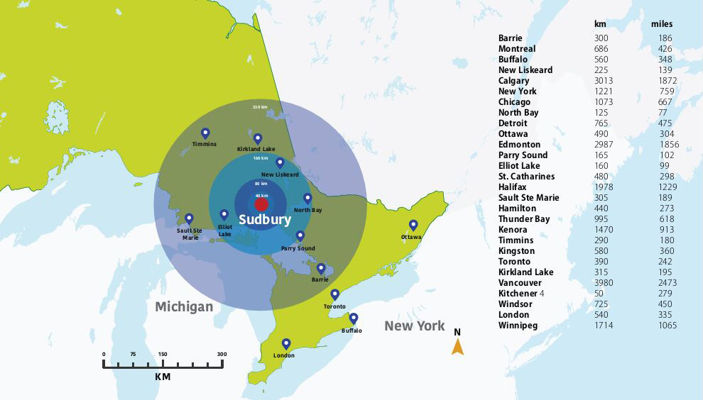 Map showing Sudbury in Ontario